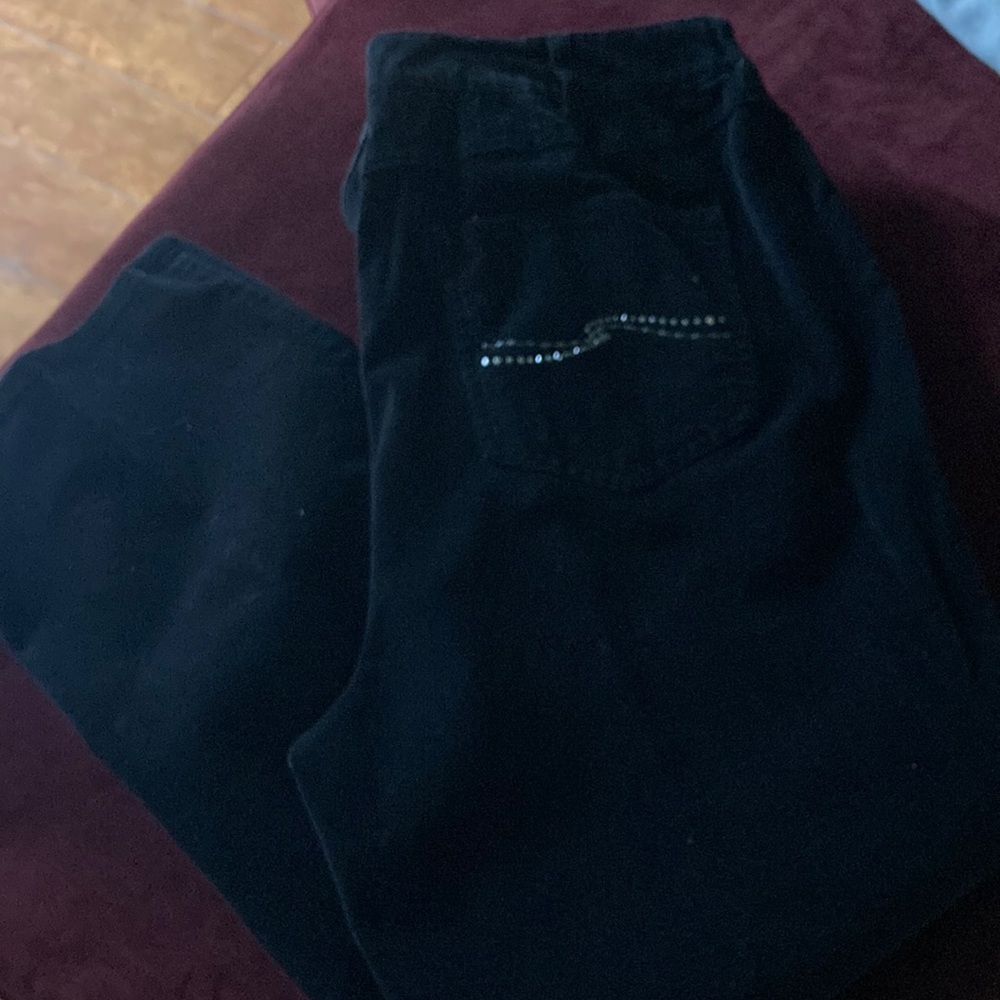 Find corduroy black pants. Women’s petite 14w.  Bling detail on back pockets.